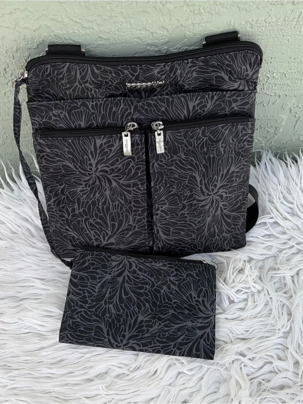 Baggallini Black Floral Crossbody with Matching Pouch
